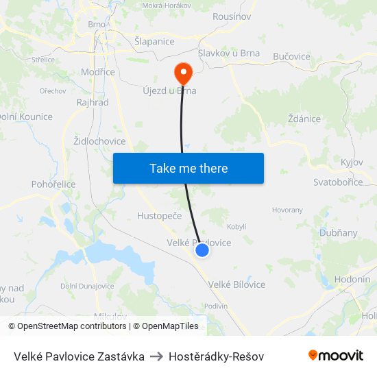 Velké Pavlovice Zastávka to Hostěrádky-Rešov map