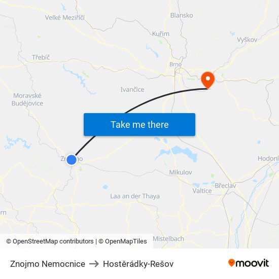 Znojmo Nemocnice to Hostěrádky-Rešov map