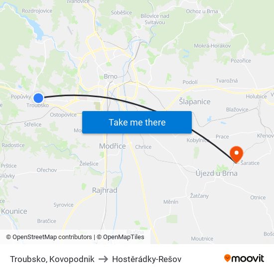 Troubsko, Kovopodnik to Hostěrádky-Rešov map