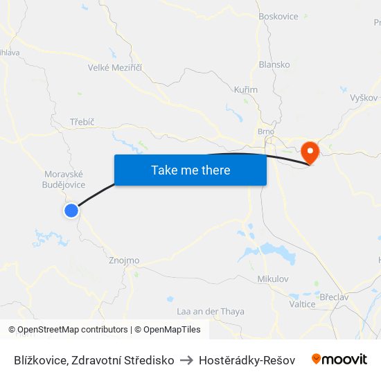 Blížkovice, Zdravotní Středisko to Hostěrádky-Rešov map