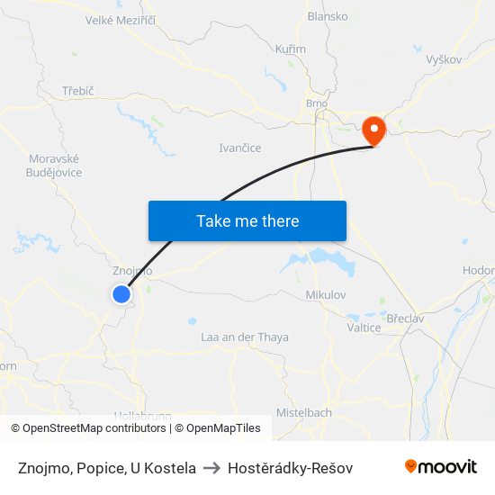 Znojmo, Popice, U Kostela to Hostěrádky-Rešov map