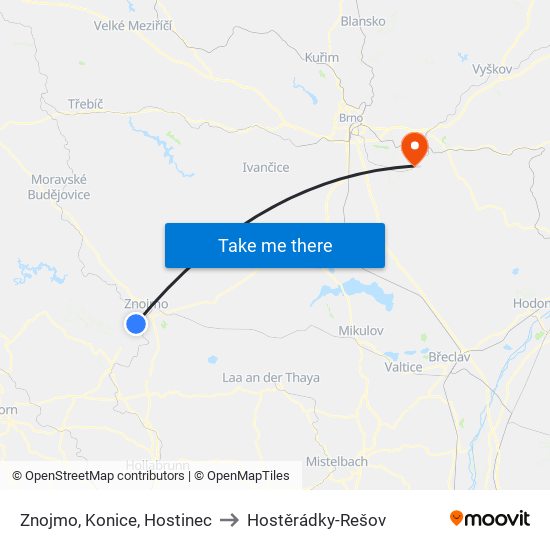 Znojmo, Konice, Hostinec to Hostěrádky-Rešov map