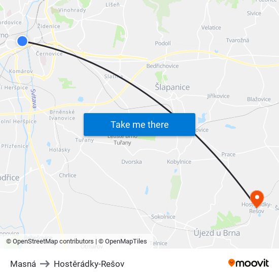 Masná to Hostěrádky-Rešov map