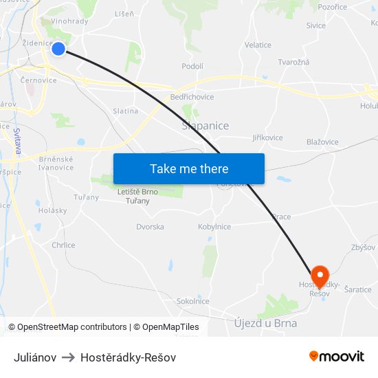 Juliánov to Hostěrádky-Rešov map