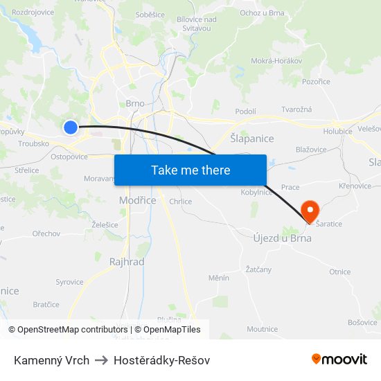 Kamenný Vrch to Hostěrádky-Rešov map