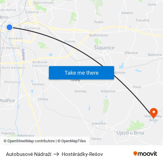 Autobusové Nádraží to Hostěrádky-Rešov map