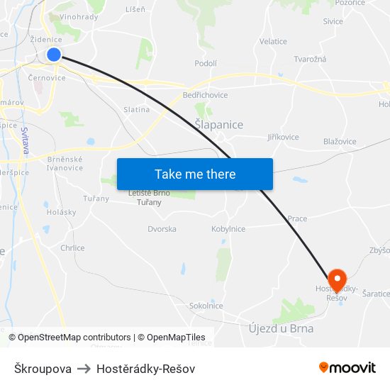 Škroupova to Hostěrádky-Rešov map