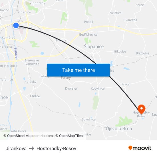 Jiránkova to Hostěrádky-Rešov map