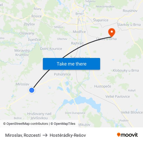 Miroslav, Rozcestí to Hostěrádky-Rešov map