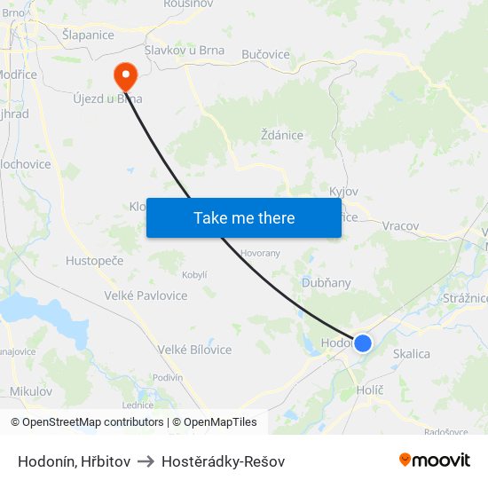 Hodonín, Hřbitov to Hostěrádky-Rešov map