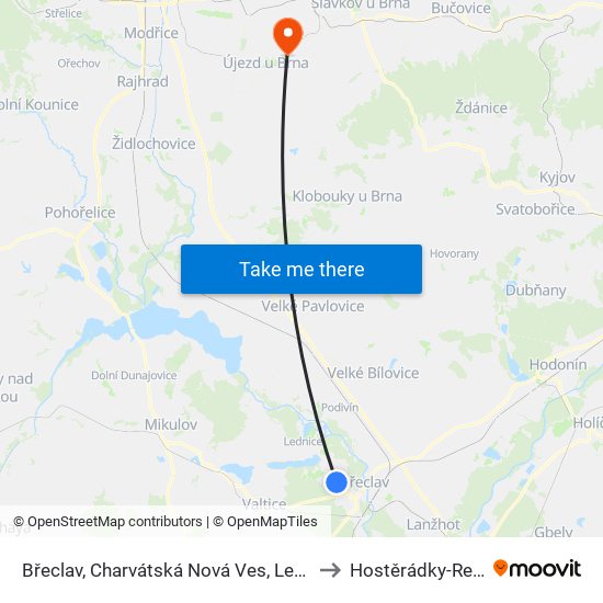 Břeclav, Charvátská Nová Ves, Lednická to Hostěrádky-Rešov map