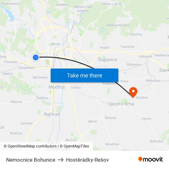 Nemocnice Bohunice to Hostěrádky-Rešov map