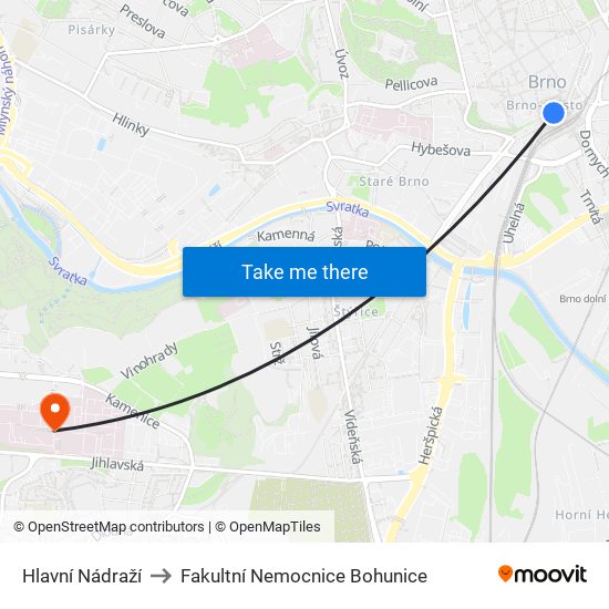 Hlavní Nádraží to Fakultní Nemocnice Bohunice map