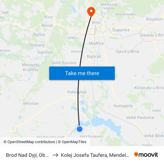 Brod Nad Dyjí, Obecní Úřad to Kolej Josefa Taufera, Mendelova Univerzita map