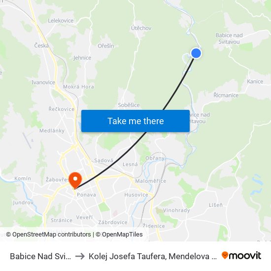 Babice Nad Svitavou to Kolej Josefa Taufera, Mendelova Univerzita map