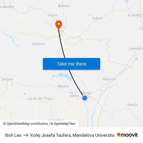 Boří Les to Kolej Josefa Taufera, Mendelova Univerzita map