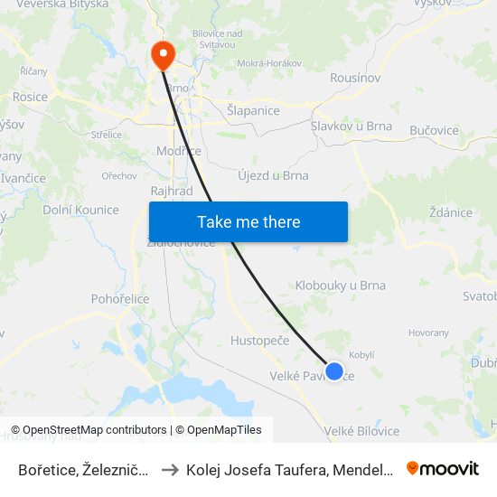 Bořetice, Železniční Stanice to Kolej Josefa Taufera, Mendelova Univerzita map