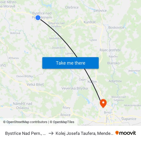 Bystřice Nad Pern., Domanínek to Kolej Josefa Taufera, Mendelova Univerzita map