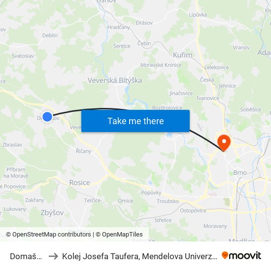 Domašov to Kolej Josefa Taufera, Mendelova Univerzita map