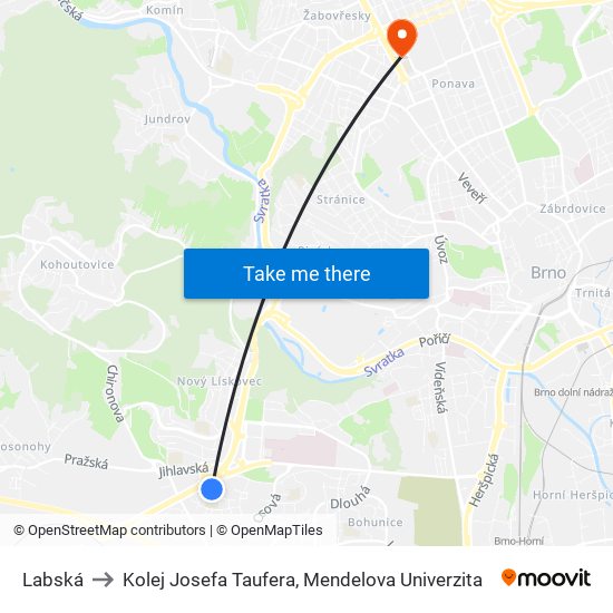 Labská to Kolej Josefa Taufera, Mendelova Univerzita map