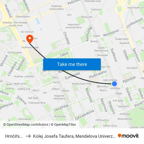 Hrnčířská to Kolej Josefa Taufera, Mendelova Univerzita map