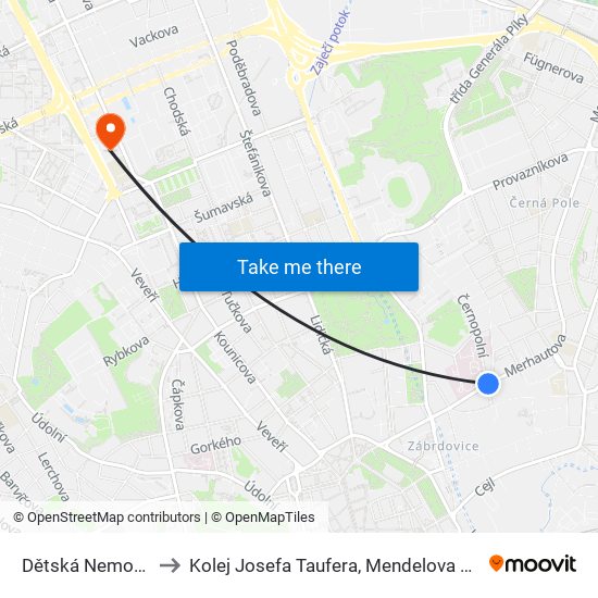 Dětská Nemocnice to Kolej Josefa Taufera, Mendelova Univerzita map