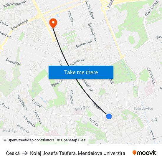 Česká to Kolej Josefa Taufera, Mendelova Univerzita map