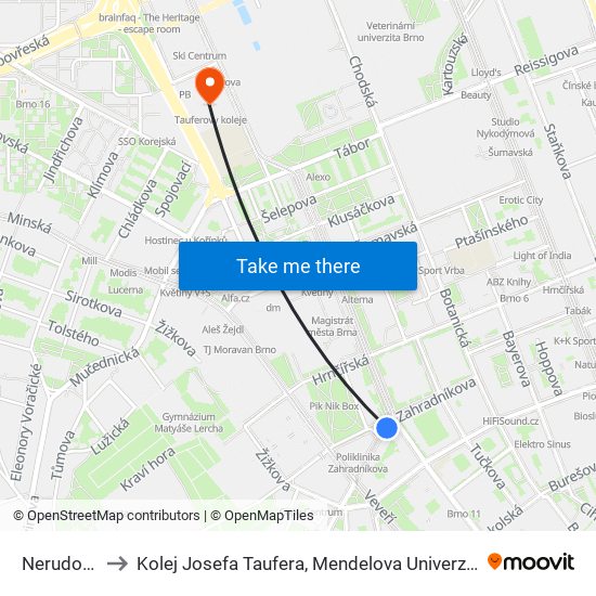 Nerudova to Kolej Josefa Taufera, Mendelova Univerzita map