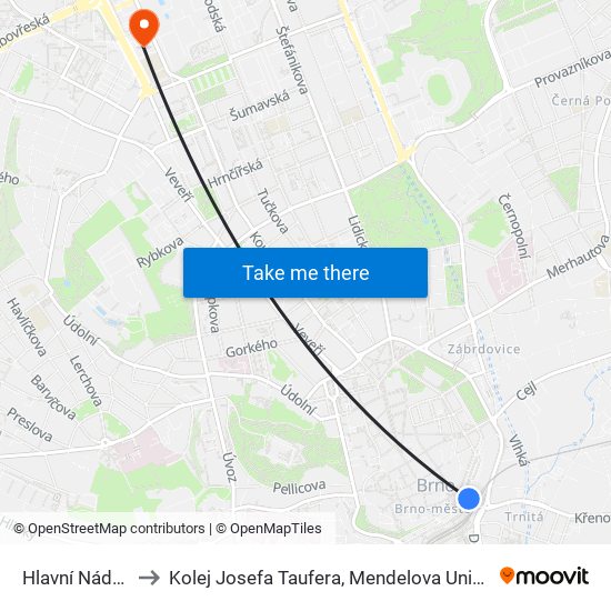 Hlavní Nádraží to Kolej Josefa Taufera, Mendelova Univerzita map