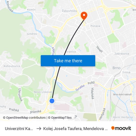 Univerzitní Kampus to Kolej Josefa Taufera, Mendelova Univerzita map