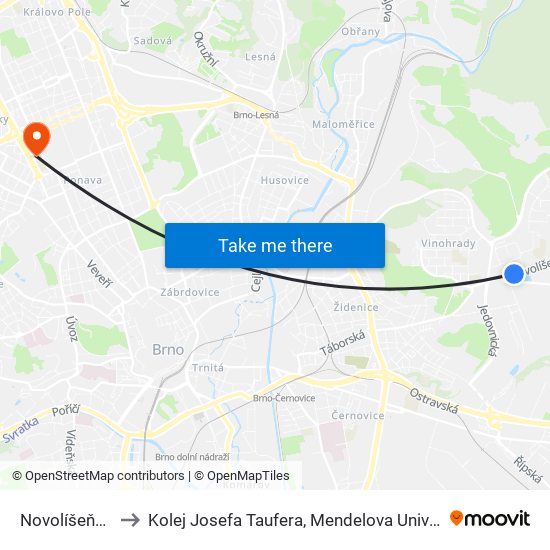 Novolíšeňská to Kolej Josefa Taufera, Mendelova Univerzita map