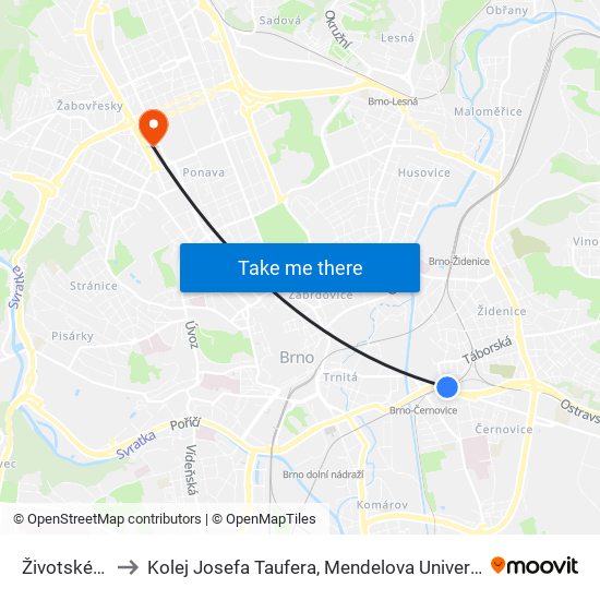 Životského to Kolej Josefa Taufera, Mendelova Univerzita map