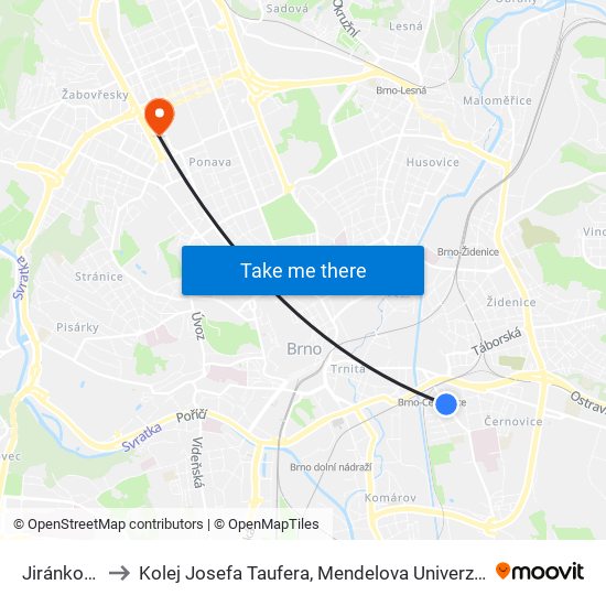 Jiránkova to Kolej Josefa Taufera, Mendelova Univerzita map