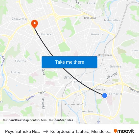 Psychiatrická Nemocnice to Kolej Josefa Taufera, Mendelova Univerzita map