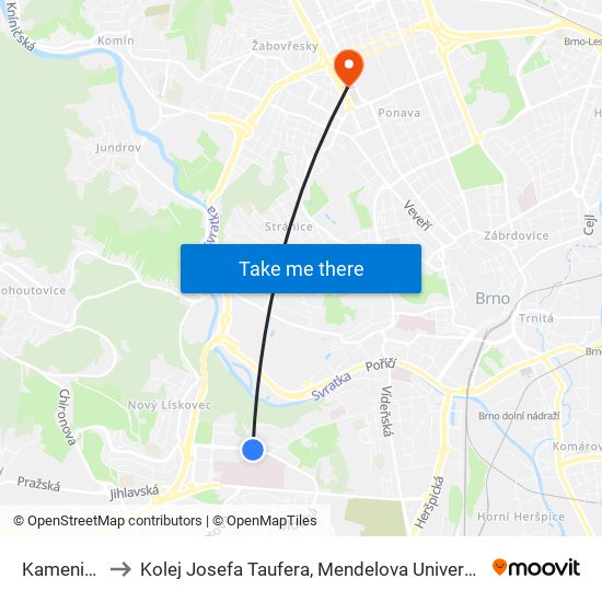 Kamenice to Kolej Josefa Taufera, Mendelova Univerzita map