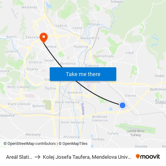 Areál Slatina to Kolej Josefa Taufera, Mendelova Univerzita map