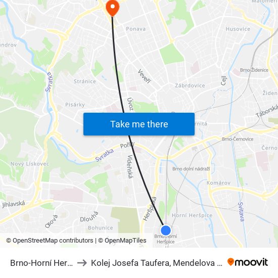 Brno-Horní Heršpice to Kolej Josefa Taufera, Mendelova Univerzita map