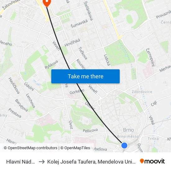 Hlavní Nádraží to Kolej Josefa Taufera, Mendelova Univerzita map
