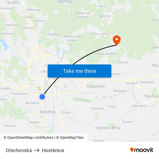 Ořechovská to Hostěnice map