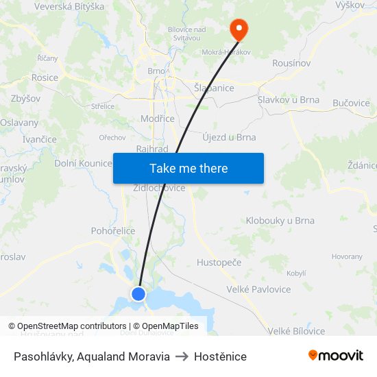 Pasohlávky, Aqualand Moravia to Hostěnice map