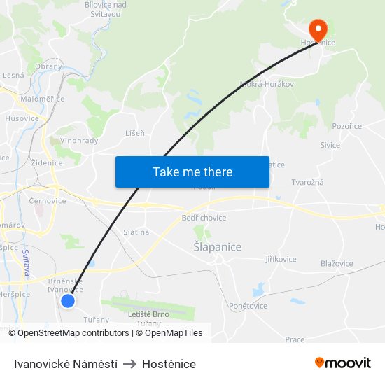 Ivanovické Náměstí to Hostěnice map