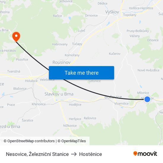 Nesovice, Železniční Stanice to Hostěnice map