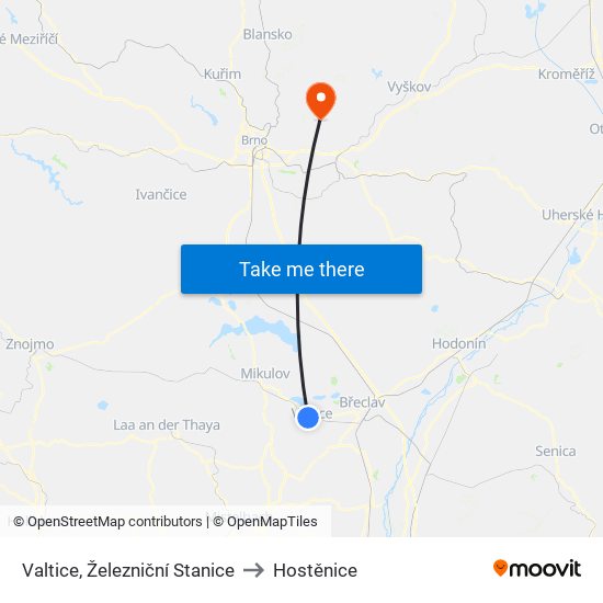 Valtice, Železniční Stanice to Hostěnice map