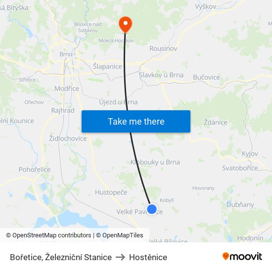 Bořetice, Železniční Stanice to Hostěnice map