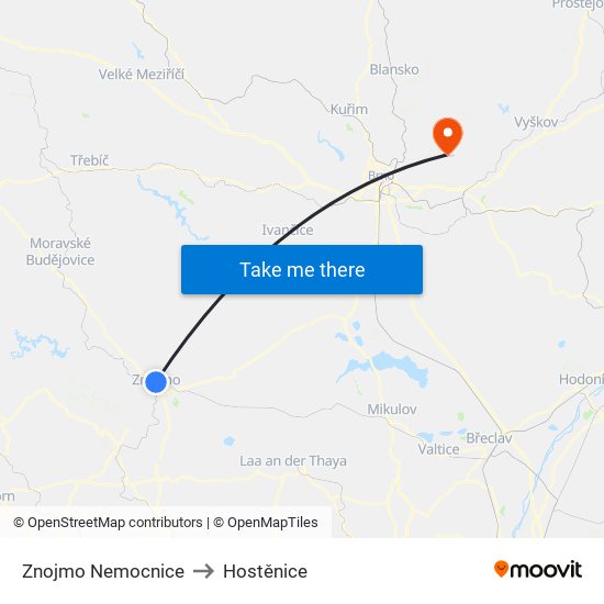 Znojmo Nemocnice to Hostěnice map