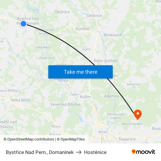 Bystřice Nad Pern., Domanínek to Hostěnice map