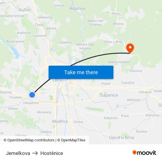 Jemelkova to Hostěnice map