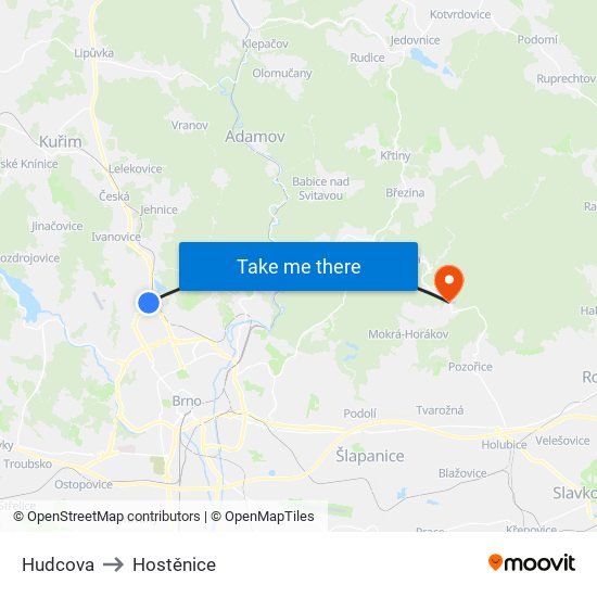 Hudcova to Hostěnice map