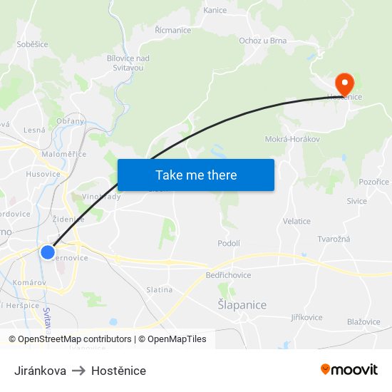 Jiránkova to Hostěnice map