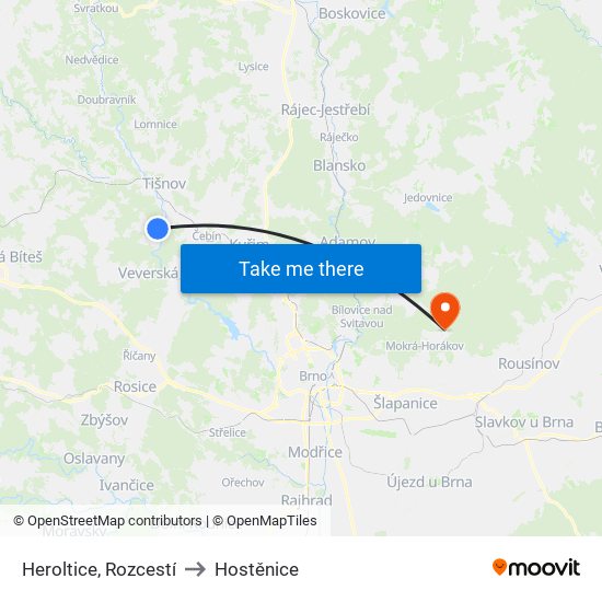 Heroltice, Rozcestí to Hostěnice map